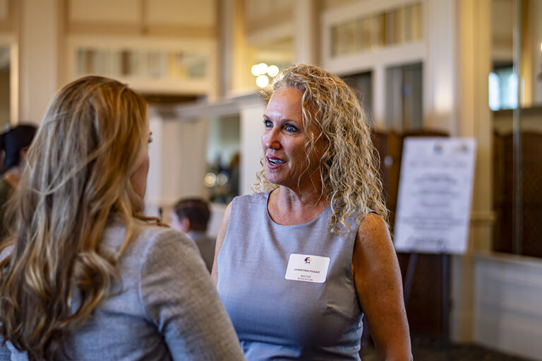 Stockton Mayor Christina Fugazi speaks with another attendee